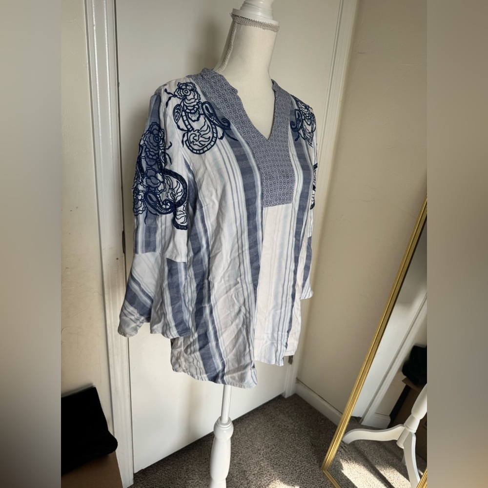 Chico's Embroidered Striped Blue and White Tunic Blouse with Bell Sleeves Size 1